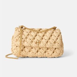 Tory Burch Tan Woven Shoulder Bag with Gold Chain